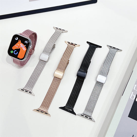 Applicable to Apple Applewatch watch stainless steel folding magnetic buckle wheat herringbone mesh women's metal strap