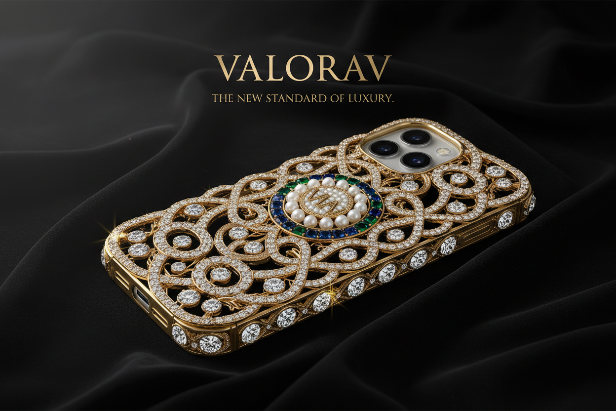 Prompt:​ High-end jewelry advertisement banner for the ValorAv iPhone 17 case. The case itself is a masterpiece of gold filigree, entirely encrusted with diamonds. The "ValorAv" logo is prominently featured as a central medallion crafted from pearls and emeralds (or sapphires). It rests on a bed of black velvet, with dramatic, soft-light lighting that makes each gemstone sparkle. The atmosphere is opulent, dark, and timeless. 3:1 aspect ratio.